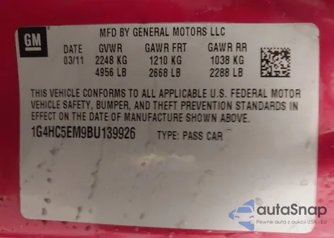 2011 Buick Lucerne Cxl из США, поврежденный, VIN 1G4HC5EM9BU139926